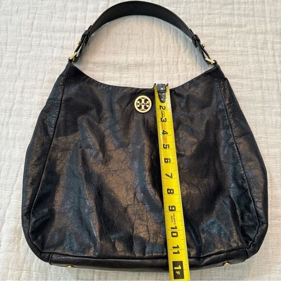 TORY BURCH Dena Black Glazed Distressed Leather Hobo Shoulder Bag - Picture 9 of 10